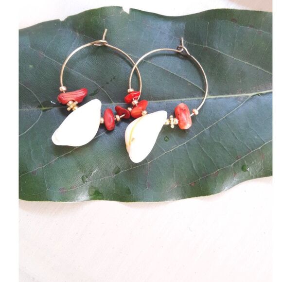 Artisan earrings  373# NEW boho Coral hoop earrings sea shell earrings red cora - Picture 1 of 5